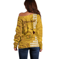 Personalised Maui Island Off Shoulder Sweater Kakau Tribal Mixed Polynesian Pattern Gold - Wonder Print Shop