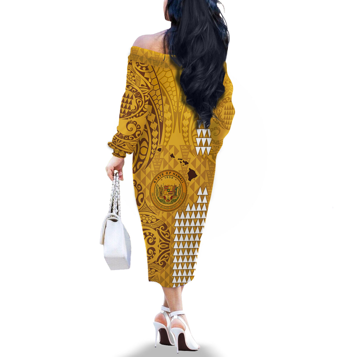 Personalised Maui Island Off The Shoulder Long Sleeve Dress Kakau Tribal Mixed Polynesian Pattern Gold - Wonder Print Shop