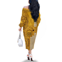 Personalised Maui Island Off The Shoulder Long Sleeve Dress Kakau Tribal Mixed Polynesian Pattern Gold - Wonder Print Shop
