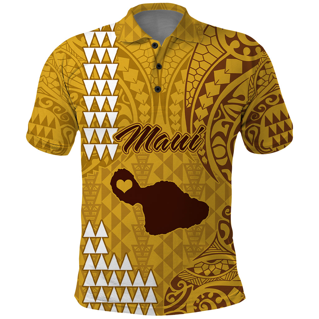 Personalised Maui Island Polo Shirt Kakau Tribal Mixed Polynesian Pattern Gold - Wonder Print Shop