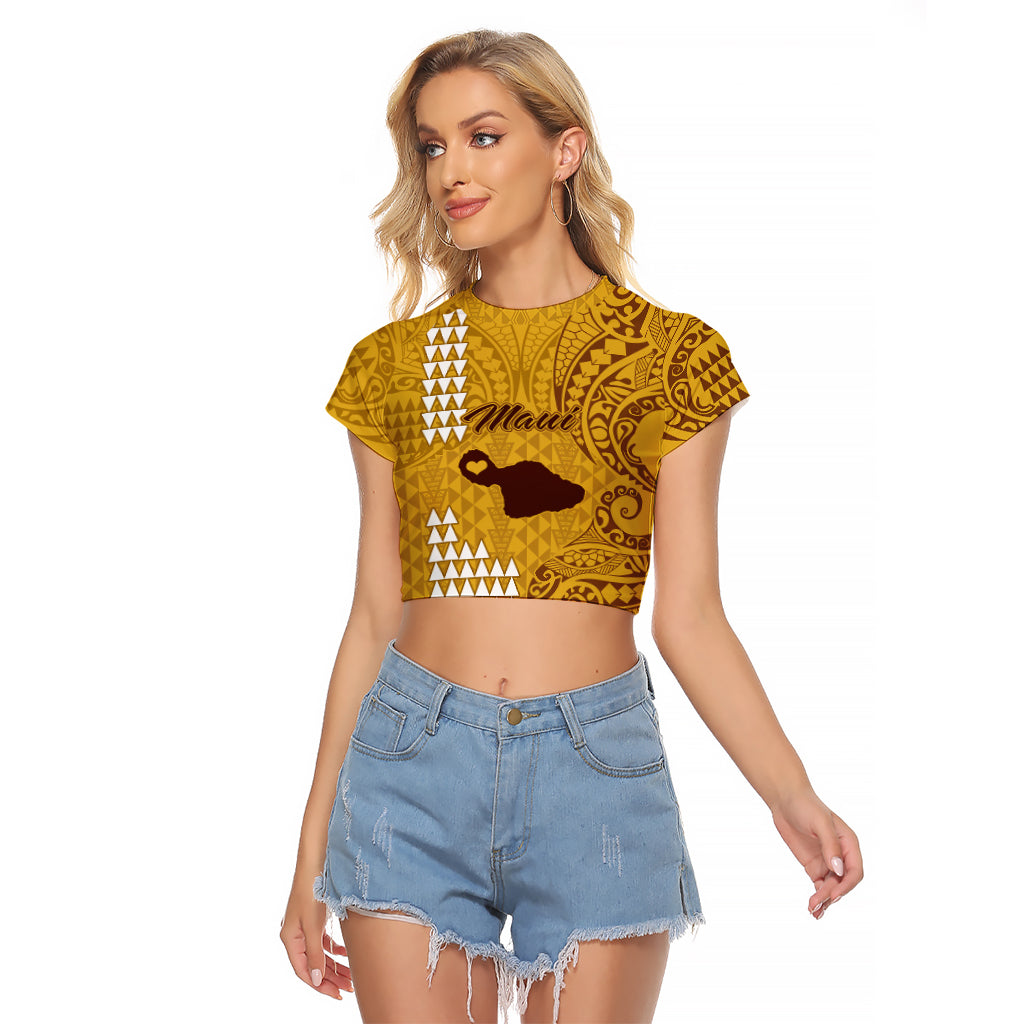 Personalised Maui Island Raglan Cropped T Shirt Kakau Tribal Mixed Polynesian Pattern Gold - Wonder Print Shop