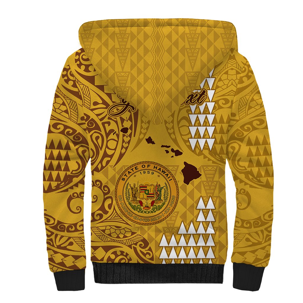 Personalised Maui Island Sherpa Hoodie Kakau Tribal Mixed Polynesian Pattern Gold - Wonder Print Shop