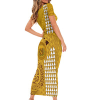 Personalised Maui Island Short Sleeve Bodycon Dress Kakau Tribal Mixed Polynesian Pattern Gold - Wonder Print Shop