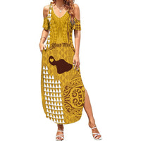 Personalised Maui Island Summer Maxi Dress Kakau Tribal Mixed Polynesian Pattern Gold - Wonder Print Shop