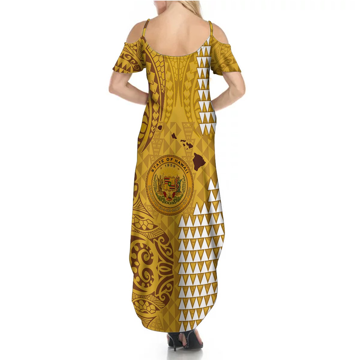 Personalised Maui Island Summer Maxi Dress Kakau Tribal Mixed Polynesian Pattern Gold - Wonder Print Shop