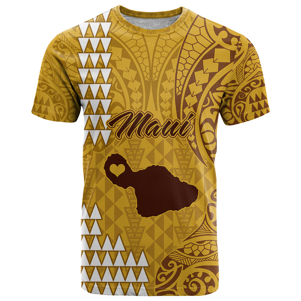 Personalised Maui Island T Shirt Kakau Tribal Mixed Polynesian Pattern Gold - Wonder Print Shop