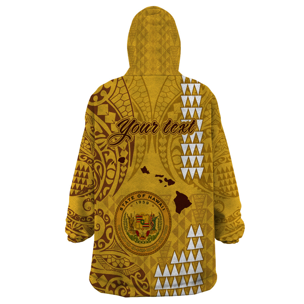Personalised Maui Island Wearable Blanket Hoodie Kakau Tribal Mixed Polynesian Pattern Gold - Wonder Print Shop