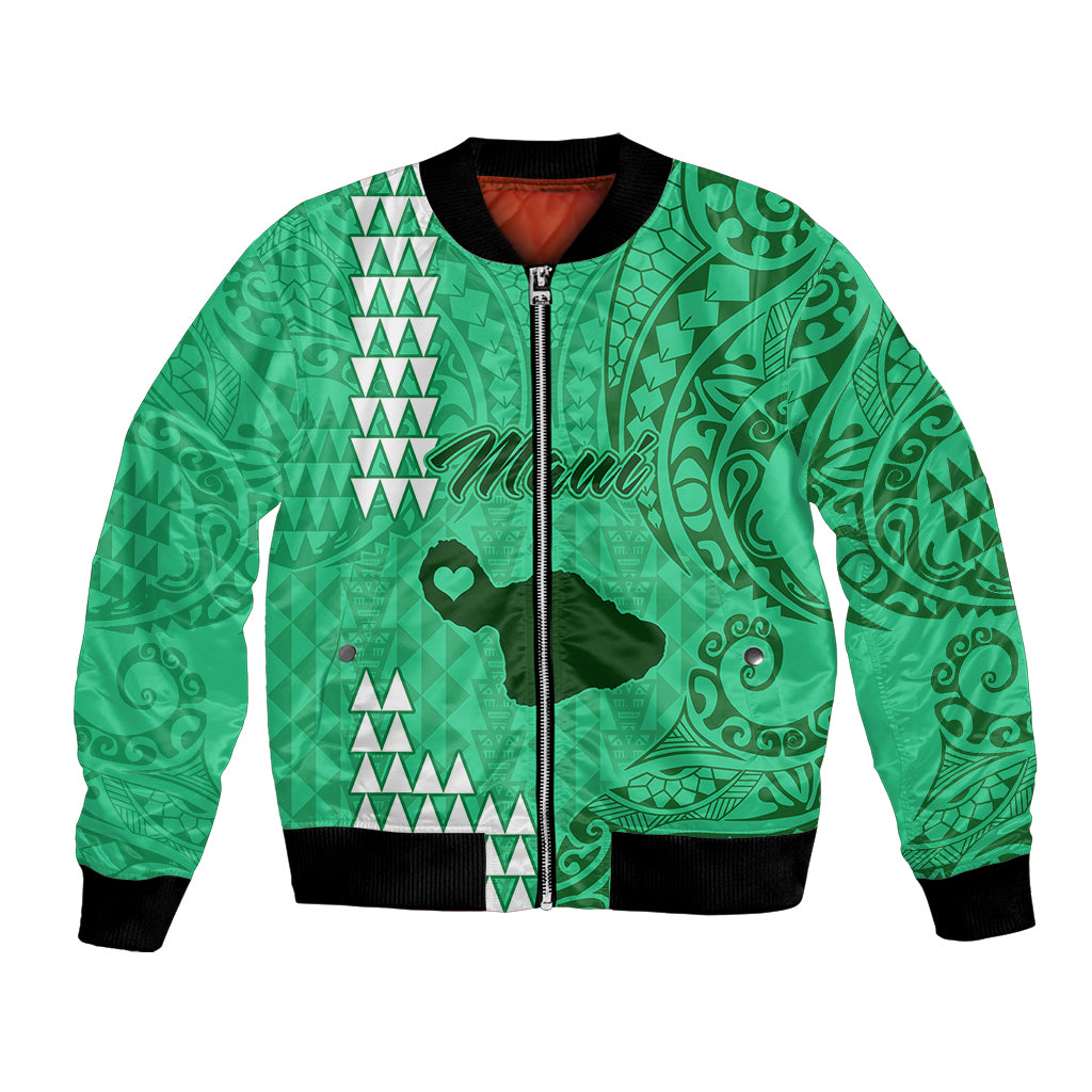 Maui Island Bomber Jacket Kakau Tribal Mixed Polynesian Pattern Green LT9 - Wonder Print Shop