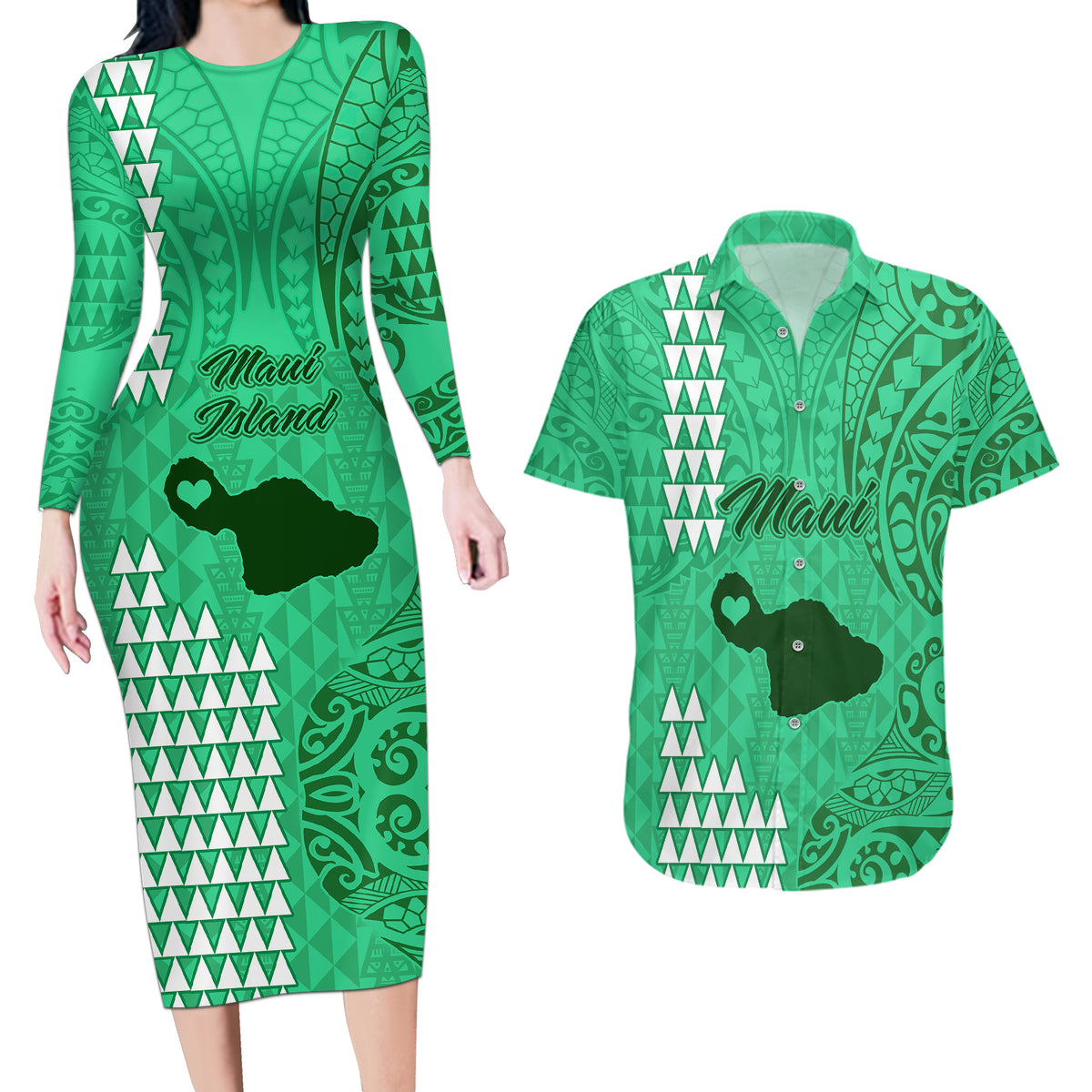 Maui Island Couples Matching Long Sleeve Bodycon Dress and Hawaiian Shirt Kakau Tribal Mixed Polynesian Pattern Green LT9 - Wonder Print Shop