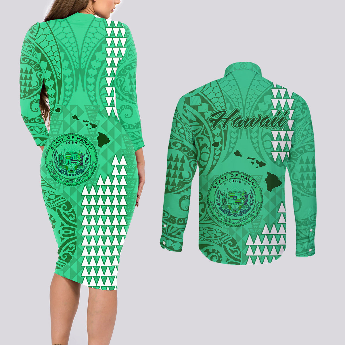 Maui Island Couples Matching Long Sleeve Bodycon Dress and Long Sleeve Button Shirts Kakau Tribal Mixed Polynesian Pattern Green LT9 - Wonder Print Shop