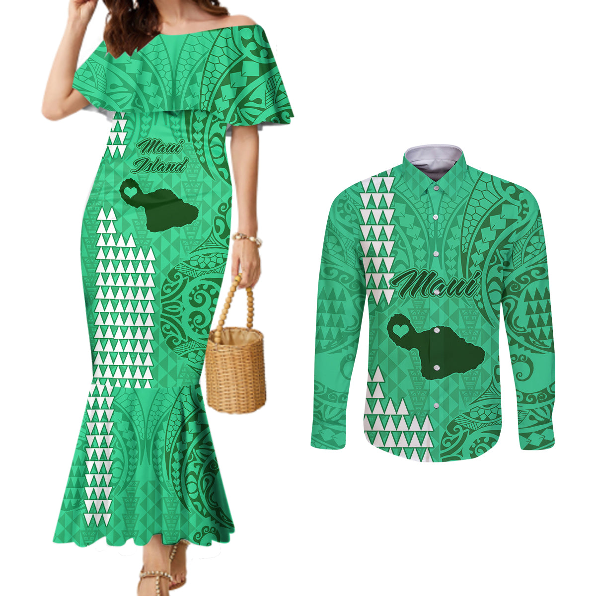 maui-island-couples-matching-mermaid-dress-and-long-sleeve-button-shirts-kakau-tribal-mixed-polynesian-pattern-green