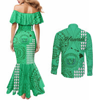 maui-island-couples-matching-mermaid-dress-and-long-sleeve-button-shirts-kakau-tribal-mixed-polynesian-pattern-green