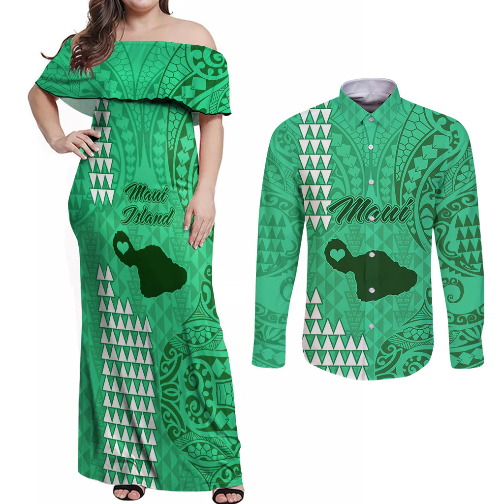Maui Island Couples Matching Off Shoulder Maxi Dress and Long Sleeve Button Shirts Kakau Tribal Mixed Polynesian Pattern Green LT9 - Wonder Print Shop