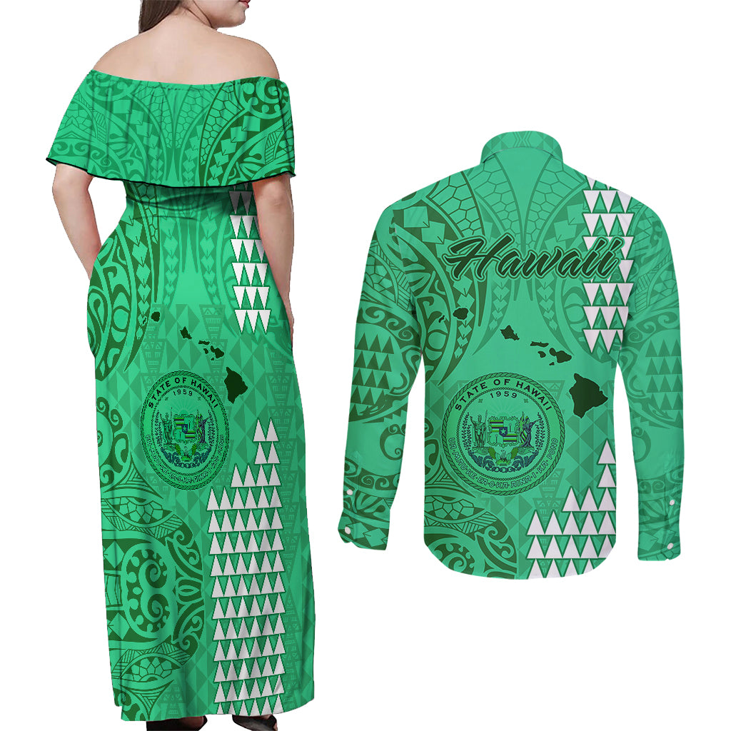 Maui Island Couples Matching Off Shoulder Maxi Dress and Long Sleeve Button Shirts Kakau Tribal Mixed Polynesian Pattern Green LT9 - Wonder Print Shop