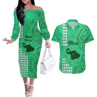 Maui Island Couples Matching Off The Shoulder Long Sleeve Dress and Hawaiian Shirt Kakau Tribal Mixed Polynesian Pattern Green LT9 - Wonder Print Shop