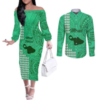 maui-island-couples-matching-off-the-shoulder-long-sleeve-dress-and-long-sleeve-button-shirts-kakau-tribal-mixed-polynesian-pattern-green