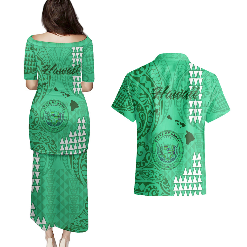 Maui Island Couples Matching Puletasi Dress and Hawaiian Shirt Kakau Tribal Mixed Polynesian Pattern Green LT9 - Wonder Print Shop