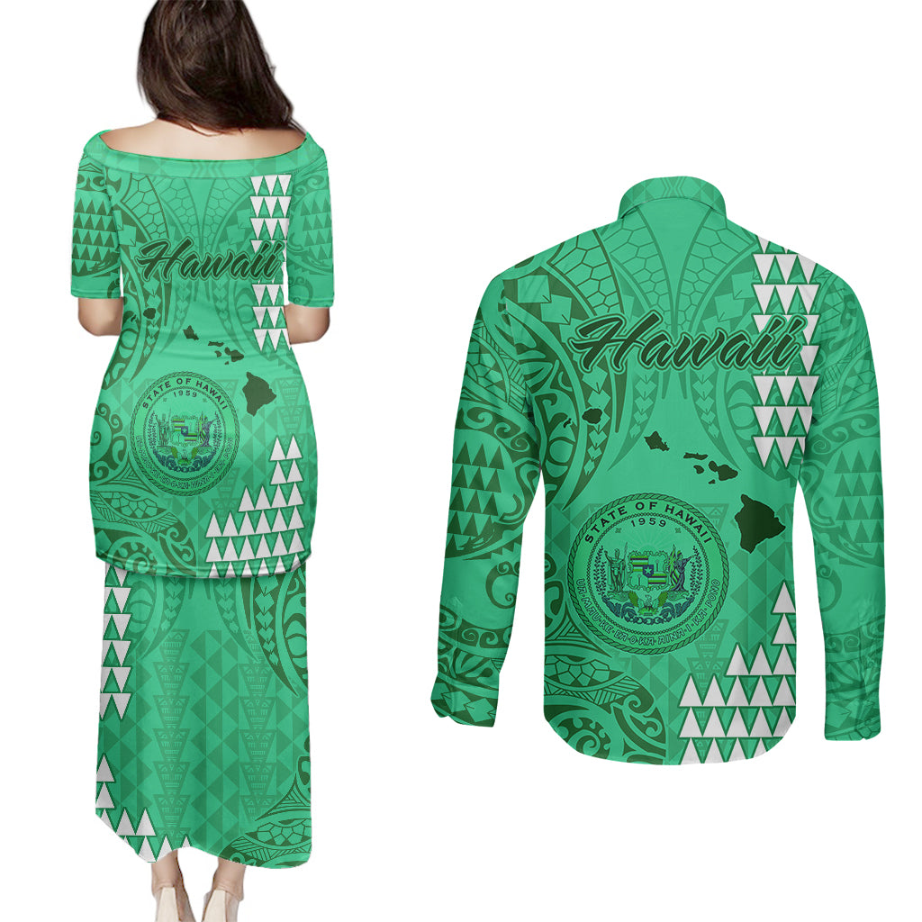 Maui Island Couples Matching Puletasi Dress and Long Sleeve Button Shirts Kakau Tribal Mixed Polynesian Pattern Green LT9 - Wonder Print Shop