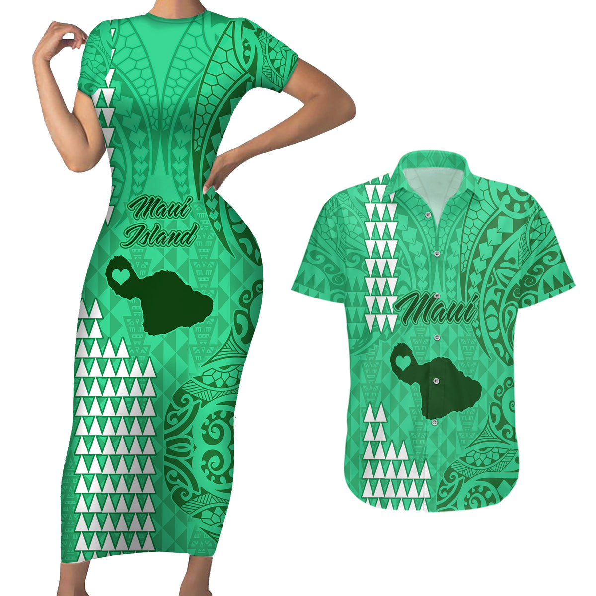 Maui Island Couples Matching Short Sleeve Bodycon Dress and Hawaiian Shirt Kakau Tribal Mixed Polynesian Pattern Green LT9 - Wonder Print Shop