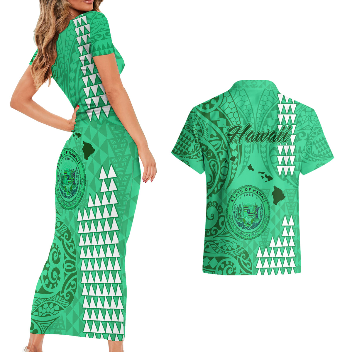 Maui Island Couples Matching Short Sleeve Bodycon Dress and Hawaiian Shirt Kakau Tribal Mixed Polynesian Pattern Green LT9 - Wonder Print Shop
