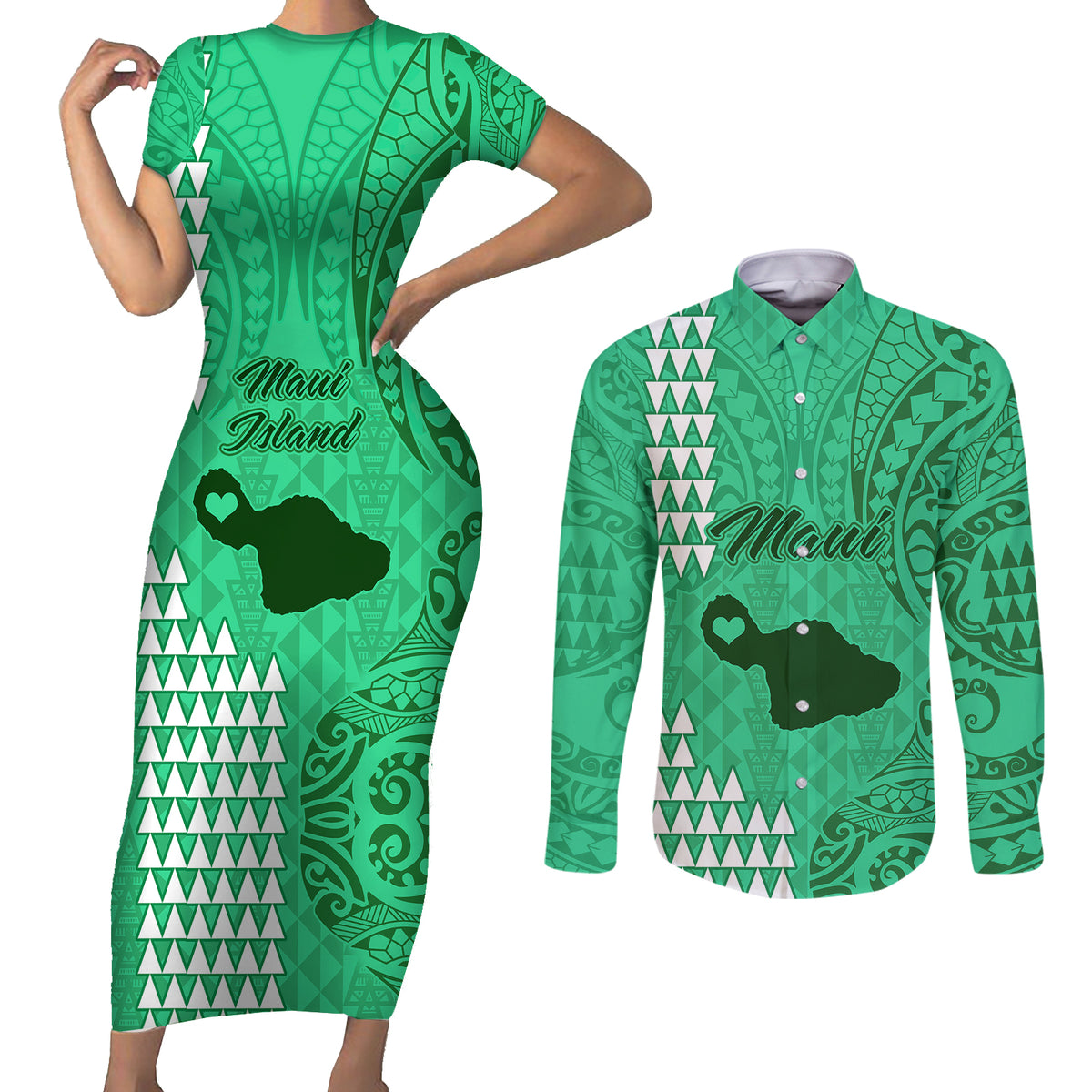 Maui Island Couples Matching Short Sleeve Bodycon Dress and Long Sleeve Button Shirts Kakau Tribal Mixed Polynesian Pattern Green LT9 - Wonder Print Shop