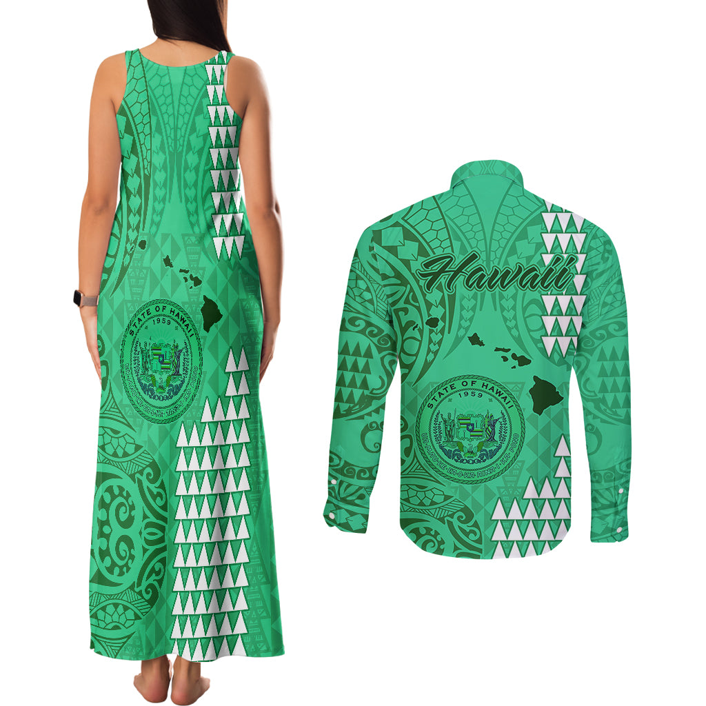 Maui Island Couples Matching Tank Maxi Dress and Long Sleeve Button Shirts Kakau Tribal Mixed Polynesian Pattern Green LT9 - Wonder Print Shop