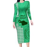 Maui Island Long Sleeve Bodycon Dress Kakau Tribal Mixed Polynesian Pattern Green - Wonder Print Shop