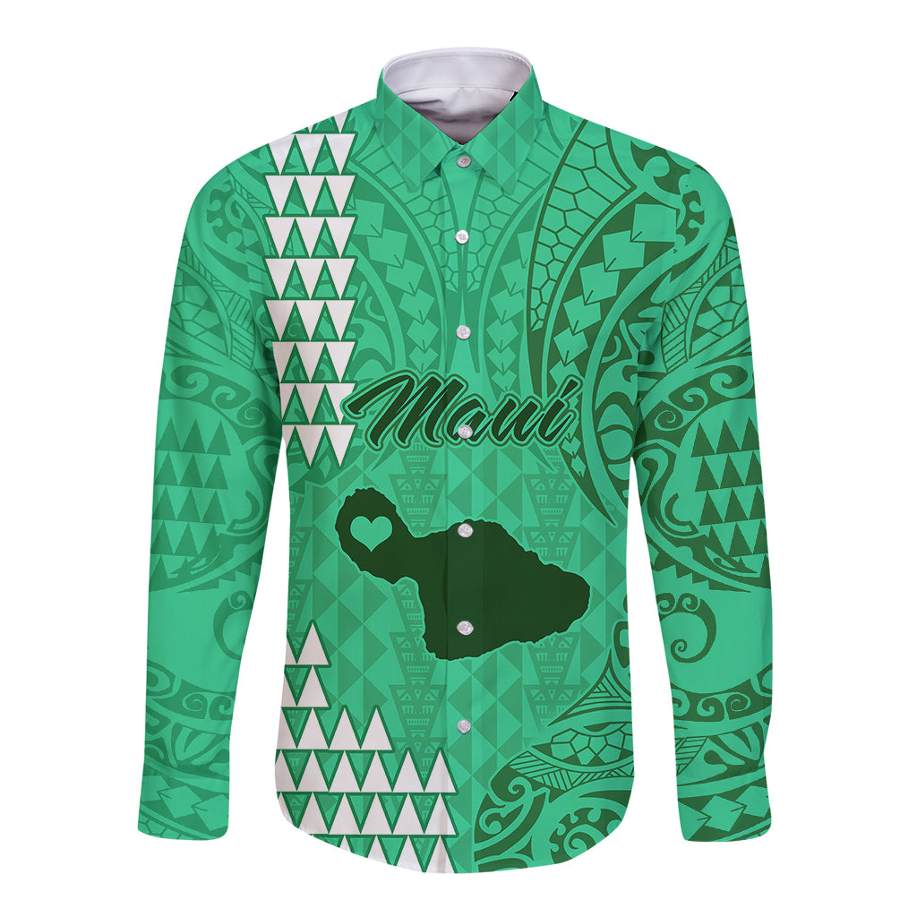 Maui Island Long Sleeve Button Shirt Kakau Tribal Mixed Polynesian Pattern Green - Wonder Print Shop
