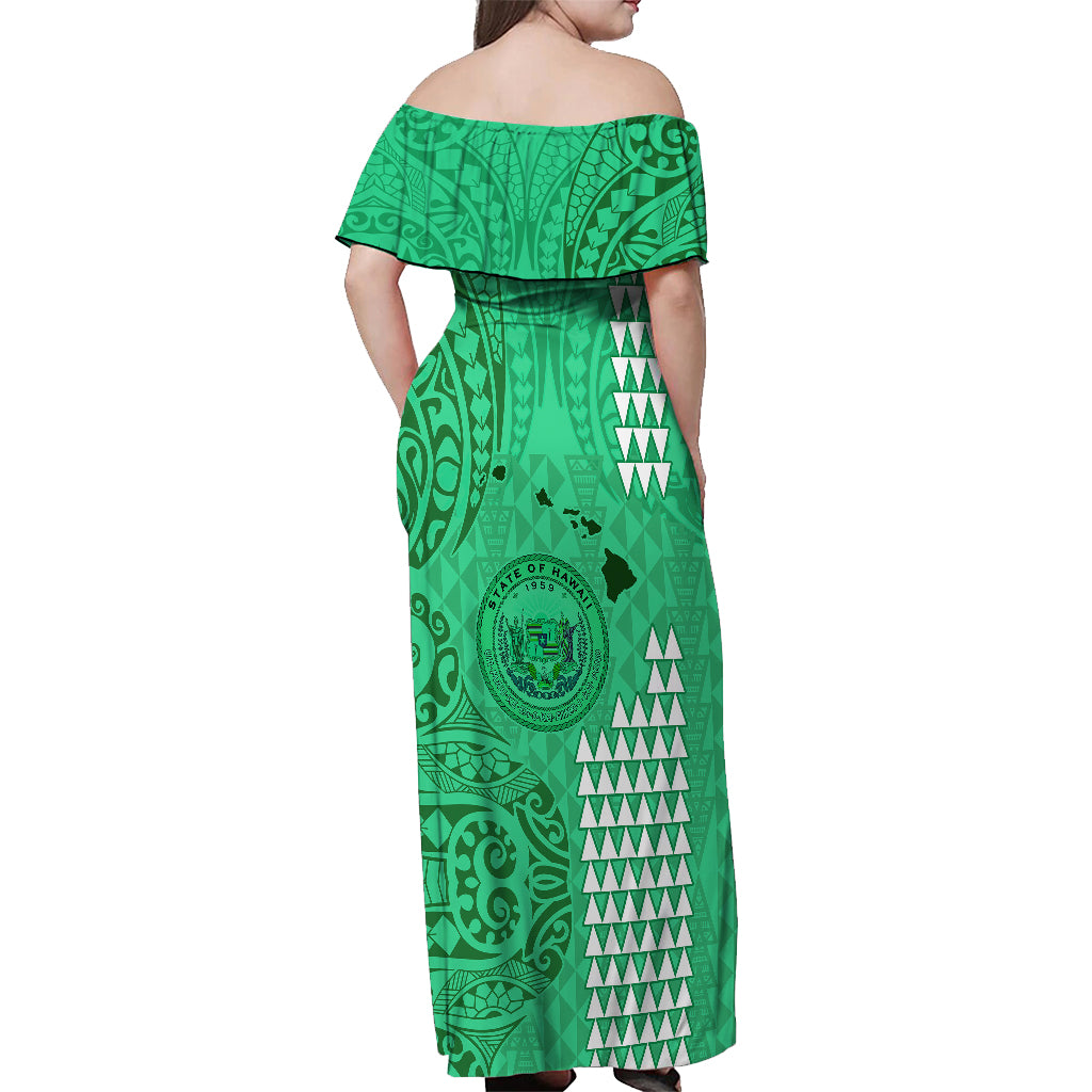 Maui Island Off Shoulder Maxi Dress Kakau Tribal Mixed Polynesian Pattern Green - Wonder Print Shop
