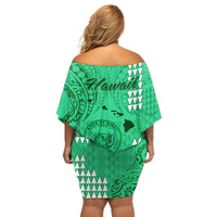 Maui Island Off Shoulder Short Dress Kakau Tribal Mixed Polynesian Pattern Green - Wonder Print Shop