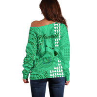 Maui Island Off Shoulder Sweater Kakau Tribal Mixed Polynesian Pattern Green - Wonder Print Shop