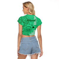Maui Island Raglan Cropped T Shirt Kakau Tribal Mixed Polynesian Pattern Green - Wonder Print Shop