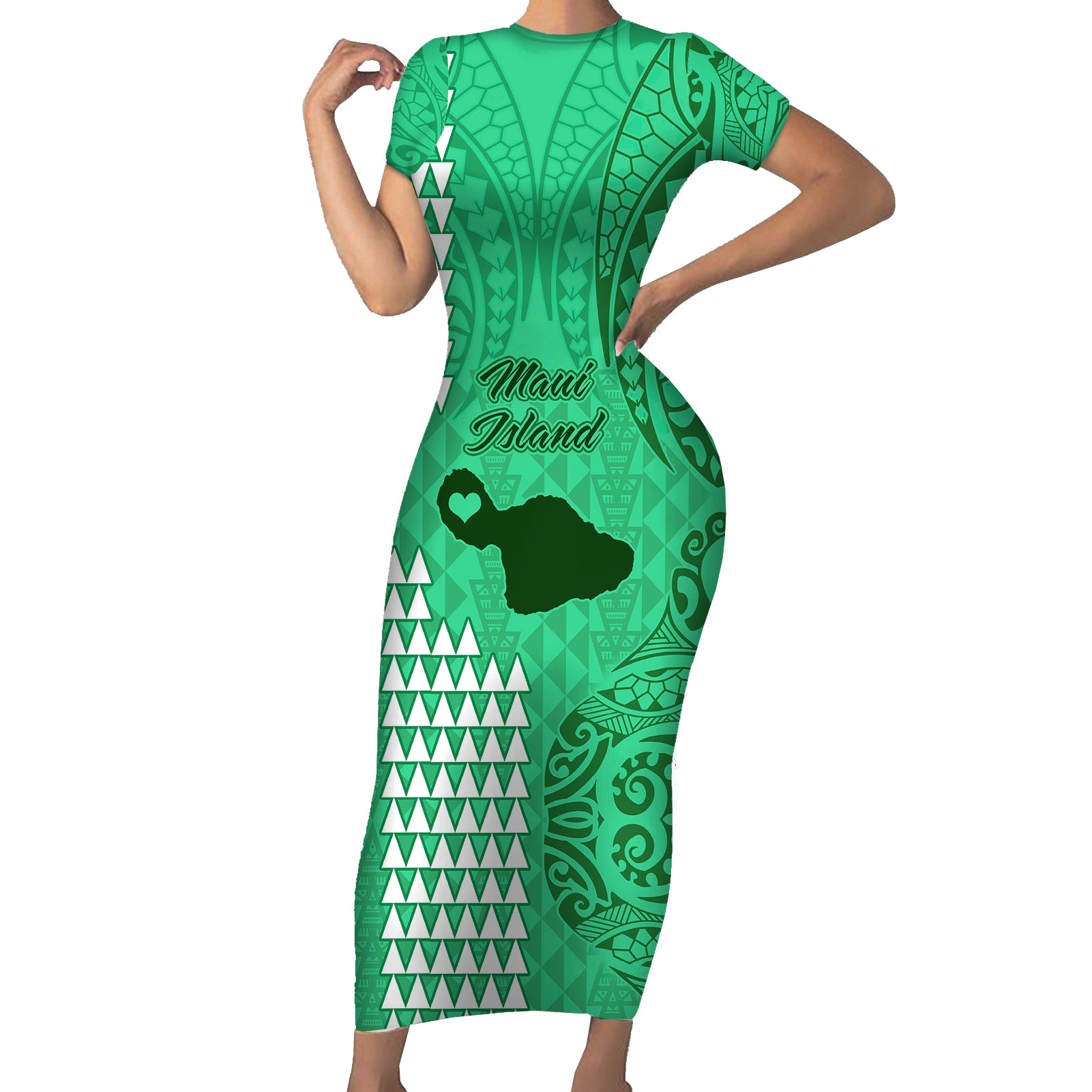 Maui Island Short Sleeve Bodycon Dress Kakau Tribal Mixed Polynesian Pattern Green - Wonder Print Shop