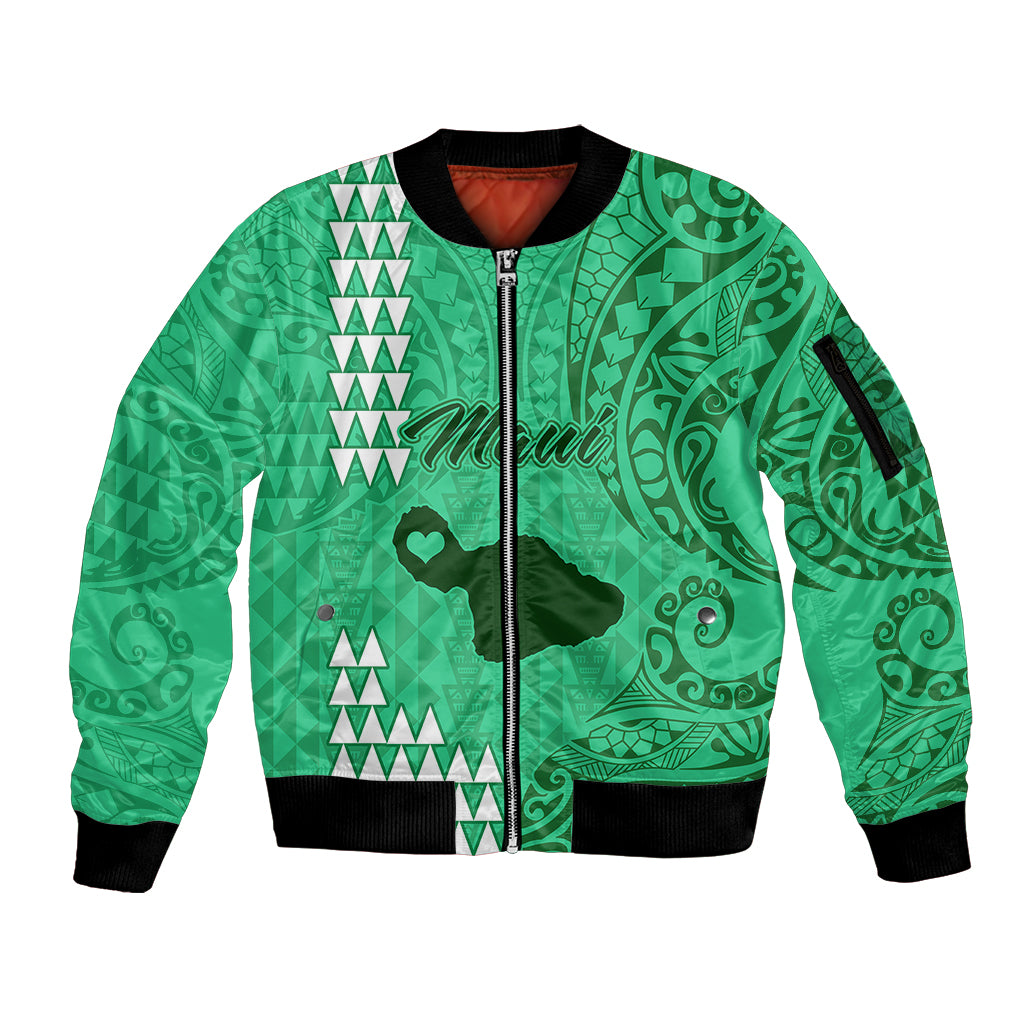 Maui Island Sleeve Zip Bomber Jacket Kakau Tribal Mixed Polynesian Pattern Green - Wonder Print Shop