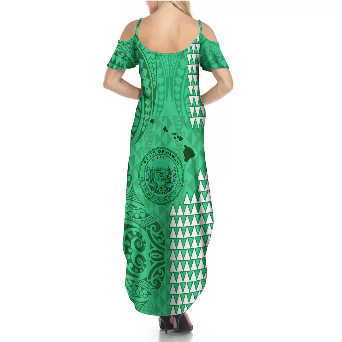 Maui Island Summer Maxi Dress Kakau Tribal Mixed Polynesian Pattern Green - Wonder Print Shop