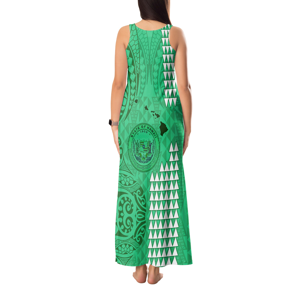 Maui Island Tank Maxi Dress Kakau Tribal Mixed Polynesian Pattern Green - Wonder Print Shop