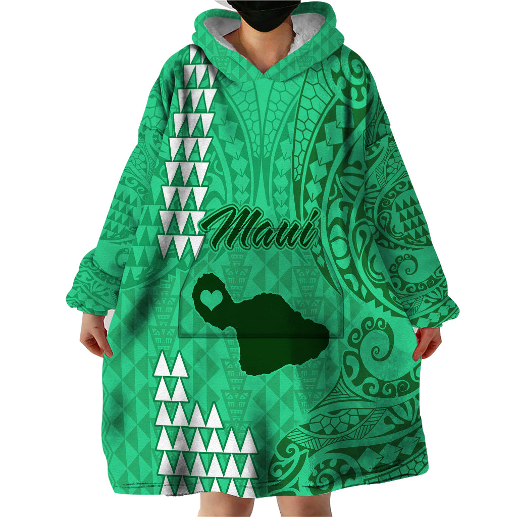 Maui Island Wearable Blanket Hoodie Kakau Tribal Mixed Polynesian Pattern Green - Wonder Print Shop