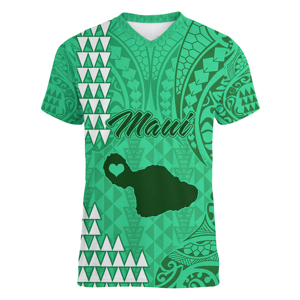 Maui Island Women V Neck T Shirt Kakau Tribal Mixed Polynesian Pattern Green - Wonder Print Shop