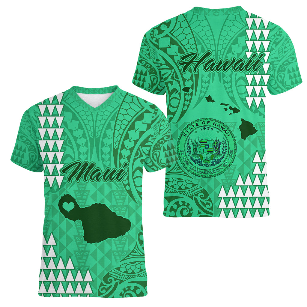 Maui Island Women V Neck T Shirt Kakau Tribal Mixed Polynesian Pattern Green - Wonder Print Shop