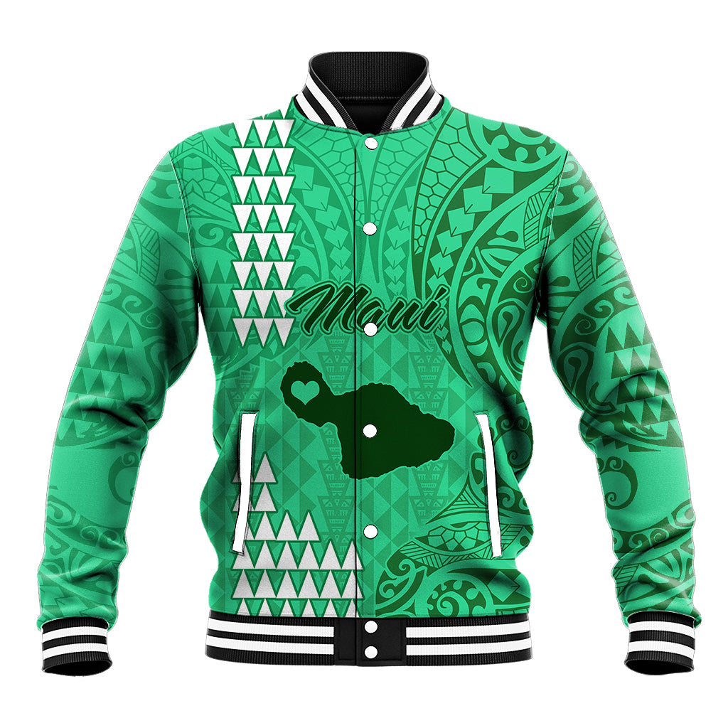 Personalised Maui Island Baseball Jacket Kakau Tribal Mixed Polynesian Pattern Green LT9 - Wonder Print Shop
