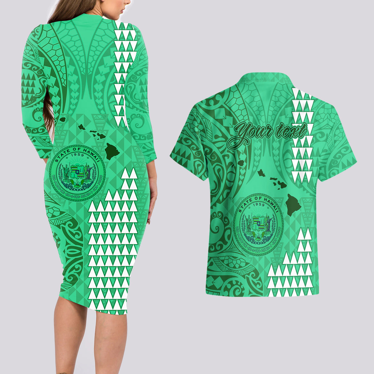 Personalised Maui Island Couples Matching Long Sleeve Bodycon Dress and Hawaiian Shirt Kakau Tribal Mixed Polynesian Pattern Green LT9 - Wonder Print Shop