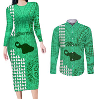 Personalised Maui Island Couples Matching Long Sleeve Bodycon Dress and Long Sleeve Button Shirts Kakau Tribal Mixed Polynesian Pattern Green LT9 - Wonder Print Shop