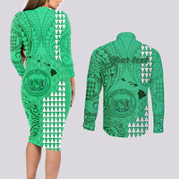 Personalised Maui Island Couples Matching Long Sleeve Bodycon Dress and Long Sleeve Button Shirts Kakau Tribal Mixed Polynesian Pattern Green LT9 - Wonder Print Shop