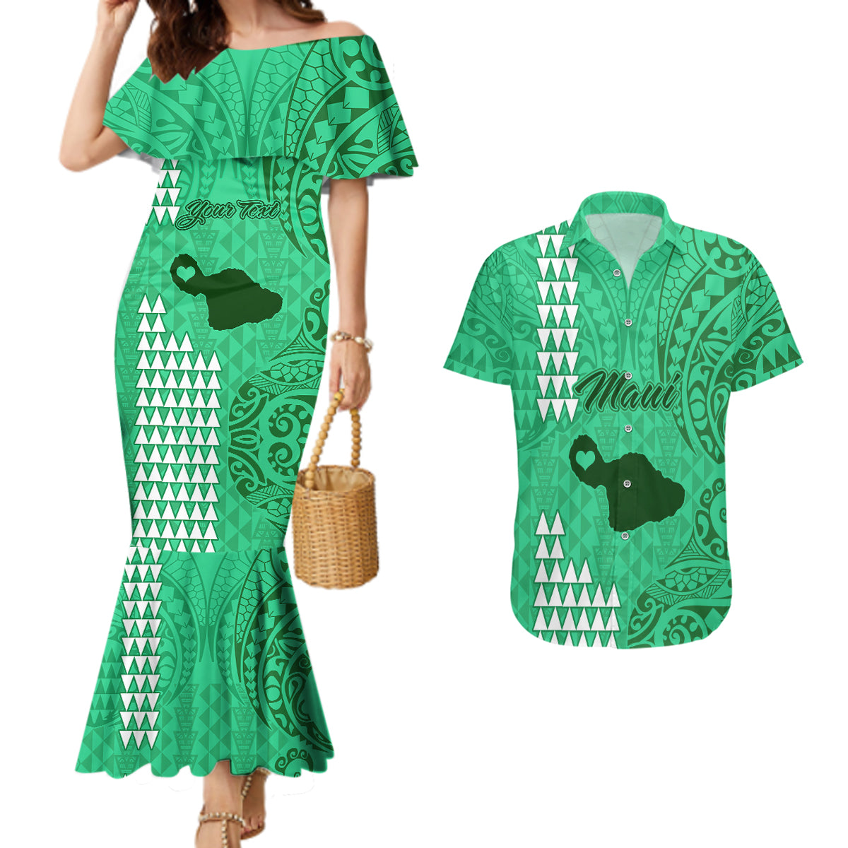 Personalised Maui Island Couples Matching Mermaid Dress and Hawaiian Shirt Kakau Tribal Mixed Polynesian Pattern Green LT9 - Wonder Print Shop