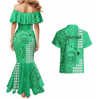 Personalised Maui Island Couples Matching Mermaid Dress and Hawaiian Shirt Kakau Tribal Mixed Polynesian Pattern Green LT9 - Wonder Print Shop