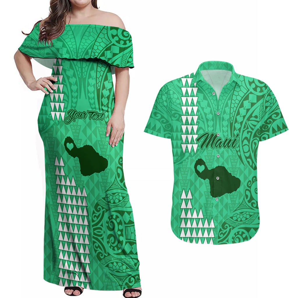 Personalised Maui Island Couples Matching Off Shoulder Maxi Dress and Hawaiian Shirt Kakau Tribal Mixed Polynesian Pattern Green LT9 - Wonder Print Shop