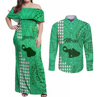 Personalised Maui Island Couples Matching Off Shoulder Maxi Dress and Long Sleeve Button Shirts Kakau Tribal Mixed Polynesian Pattern Green LT9 - Wonder Print Shop