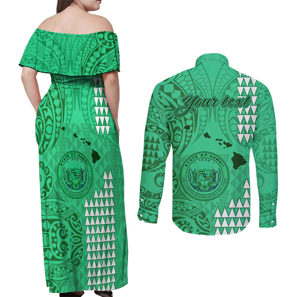 Personalised Maui Island Couples Matching Off Shoulder Maxi Dress and Long Sleeve Button Shirts Kakau Tribal Mixed Polynesian Pattern Green LT9 - Wonder Print Shop