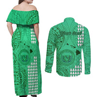 Personalised Maui Island Couples Matching Off Shoulder Maxi Dress and Long Sleeve Button Shirts Kakau Tribal Mixed Polynesian Pattern Green LT9 - Wonder Print Shop
