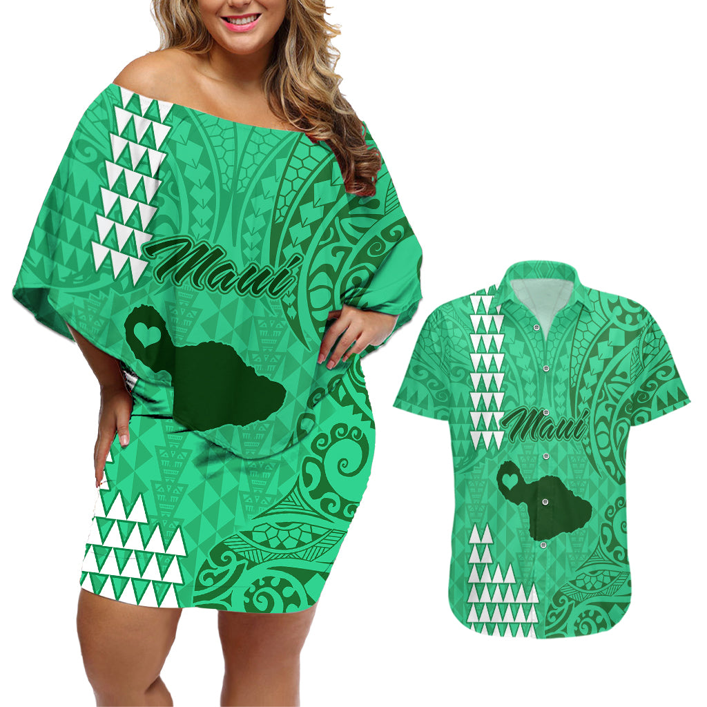Personalised Maui Island Couples Matching Off Shoulder Short Dress and Hawaiian Shirt Kakau Tribal Mixed Polynesian Pattern Green LT9 - Wonder Print Shop